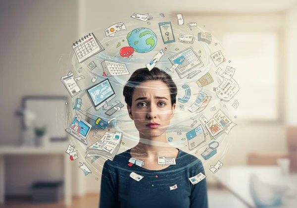 Person feeling overwhelmed by many scattered tasks and ideas.