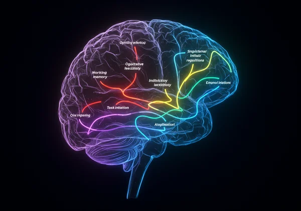 Abstract representation of brain's executive functions managing tasks.