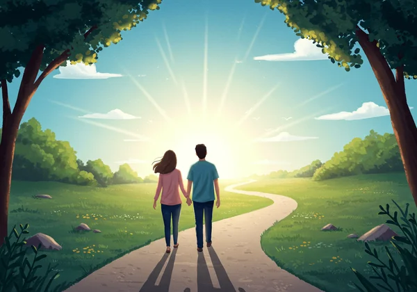 Couple walking forward, symbolizing support and growth.