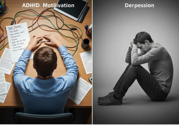 A split image showing ADHD task paralysis vs. depression anhedonia.