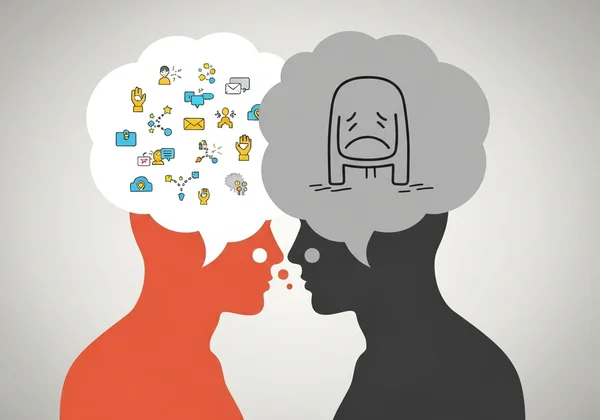 Overlapping thought bubbles show ADHD scattered thoughts and depression sadness.