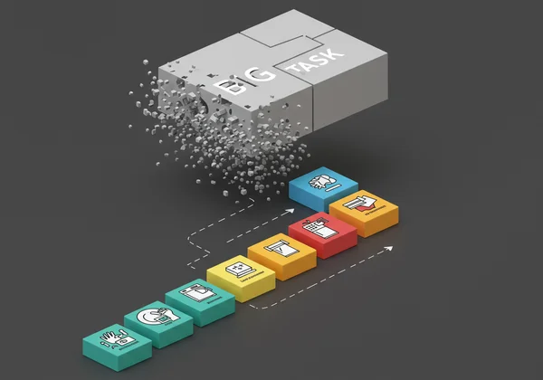 Large task breaking into small, manageable, colorful steps.