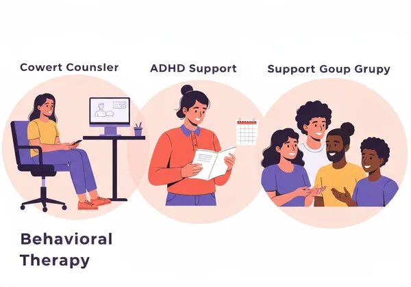 Illustrations of therapy, coaching, and support groups for ADHD.