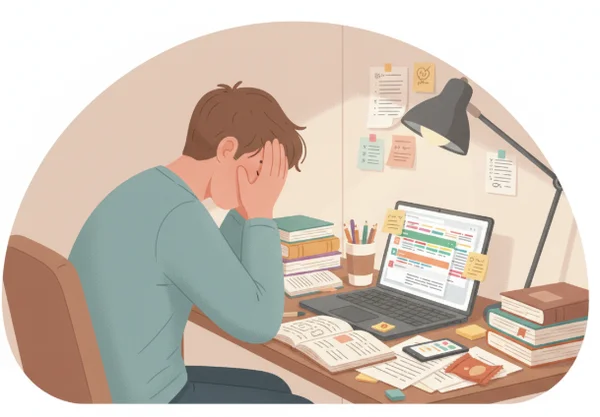 Young adult overwhelmed by disorganized work tasks